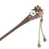 Wood Hair Stick with Metal and Rhinestone Flowers and Tassels
