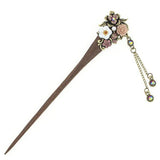 Wood Hair Stick with Metal and Rhinestone Flowers and Tassels