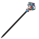 Wood Stick with Enameled Pieces Beads and Mother-of-Pearl Flower