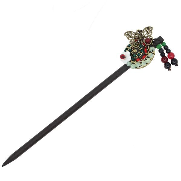 Wood Stick with Metal Butterfly Mother-of-Pearl Flower and Beaded Tassels
