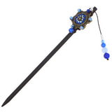 Wood Stick with Floral Metal Piece and Jade Beads Tassel Blue