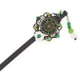 Wood Stick with Floral Metal Piece Shell Flowers and Beaded Tassels Green