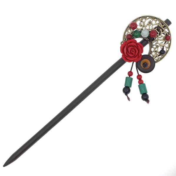 Wood Stick with Lacquered Flower and Beads Decorated Crescent Moon with Tassels