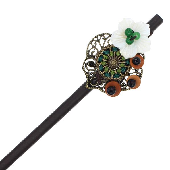 Wood Stick with Mother-of-Pearl Flower and Beads