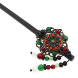 Wood Stick with Floral Metal Piece and Colorful Beaded Tassels