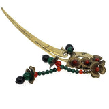 Antique Brass Finish Phoenix Hair Stick with Metal Flowers and Beaded Tassels