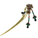 Antique Brass Finish Phoenix Hair Stick with Metal Flowers and Beaded Tassels