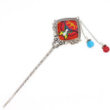 Miao Tribal Metal Hair Stick with Diamond Embroidered Piece and Tassels