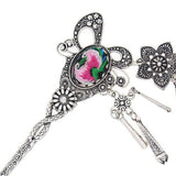 Miao Tribal Metal Butterfly Hair Stick with Oval Embroidered Piece & Tassels