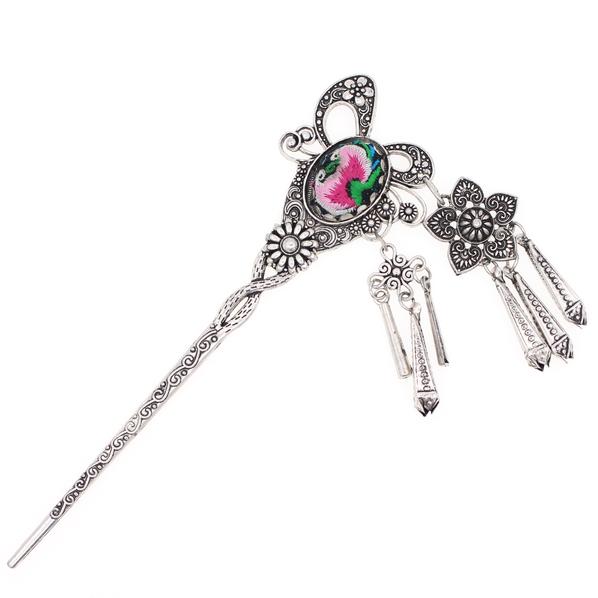 Miao Tribal Metal Butterfly Hair Stick with Oval Embroidered Piece & Tassels