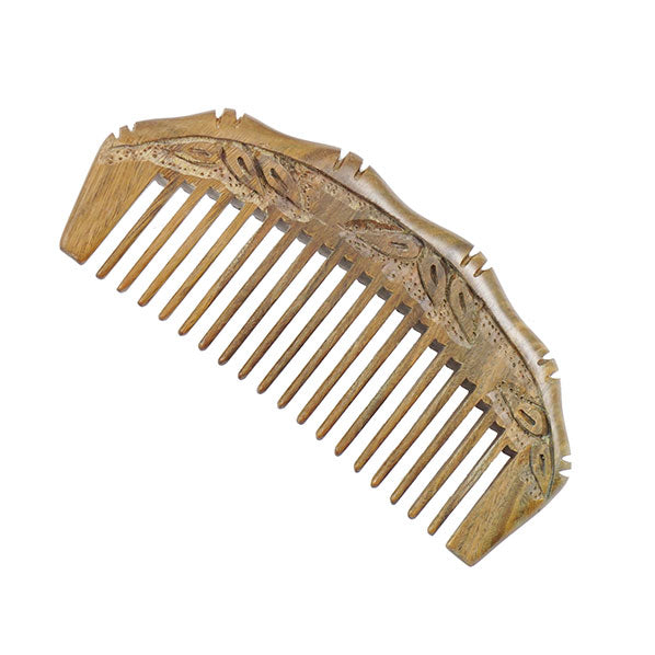 Carved Lignum-vitae Seamless Wood Dome Wide-Tooth Pocket Hair Comb Bamboo Leaves