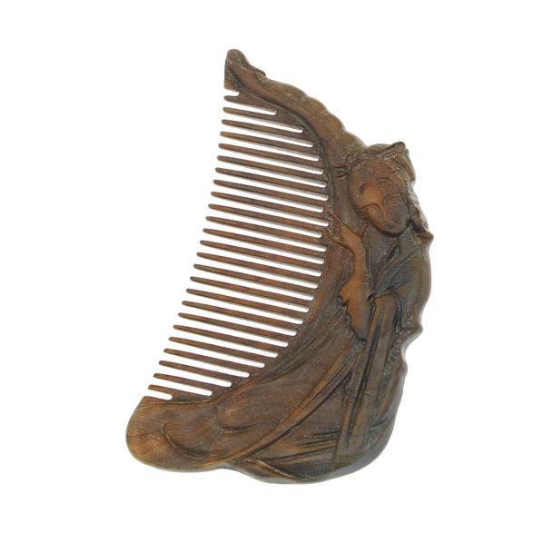 Lignum-vitae Wood Carved Seamless Pocket Hair Comb Ancient Chinese Harp Player