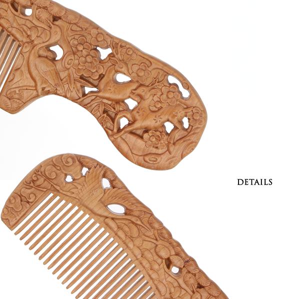 Peachwood Carved Deers and Cranes Seamless Hair Comb with Handle