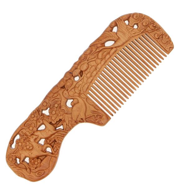 Peachwood Carved Deers and Cranes Seamless Hair Comb with Handle