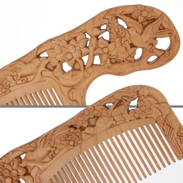 Peachwood Carved Magpie Birds and Flowers Seamless Hair Comb with Handle