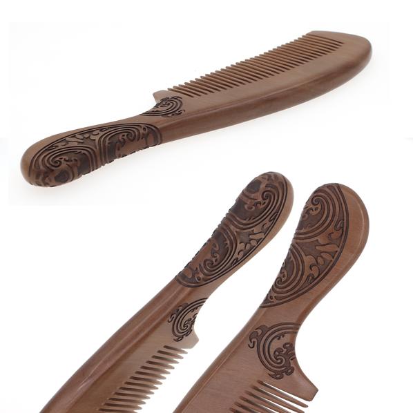 Peachwood Seamless Hair Comb with Carved Engraved Oriental Pattern Handle