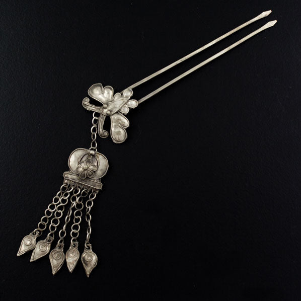 Handmade Miao Filigreed 2-Prong Butterfly Hair Stick with Tassels