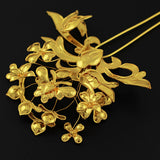 Handmade Flowers and Butterfly Miao Filigreed 2-Prong Costume Hair Stick Gold