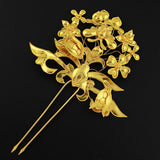 Handmade Flowers and Butterfly Miao Filigreed 2-Prong Costume Hair Stick Gold