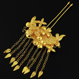 Handmade Miao Filigreed 2-Prong Floral Costume Hair Stick with Tassels Gold