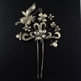 Handmade Miao Filigreed 2-Prong Flower and Butterfly Hair Stick