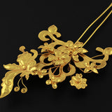 Handmade Miao Filigreed 2-Prong Flower and Butterfly Hair Stick Gold