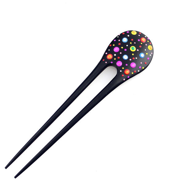 Handmade Thailand Fossilwood 2-Prong Lacquered Neon Dots Hair Stick