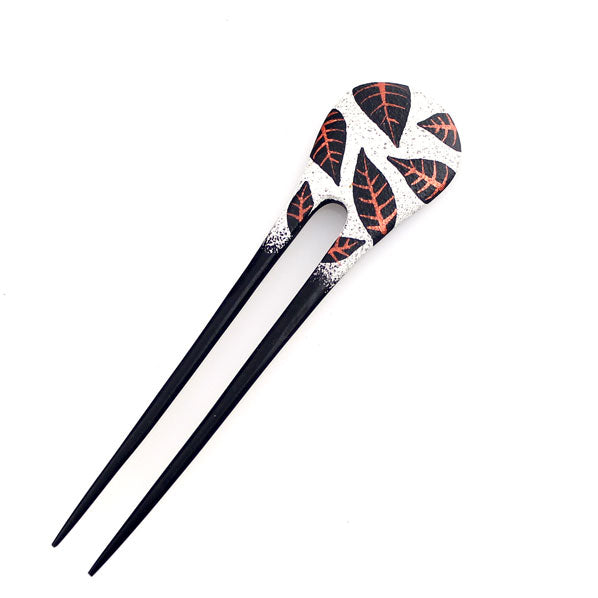 Handmade Thailand Fossilwood 2-Prong Lacquered Leaves Hair Stick