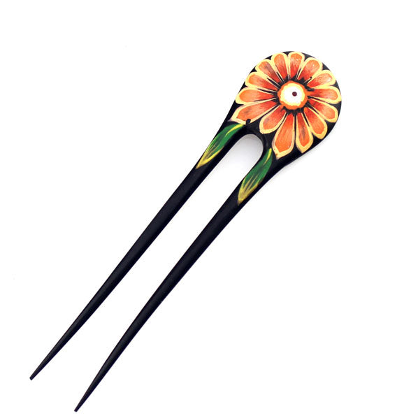 Handmade Thailand Fossilwood 2-Prong Lacquered Flower Hair Stick