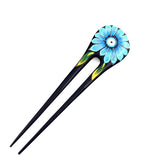 Handmade Thailand Fossilwood 2-Prong Lacquered Flower Hair Stick Blue