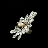 Silver Finish Bold Floral Ring with Champagne Pearl