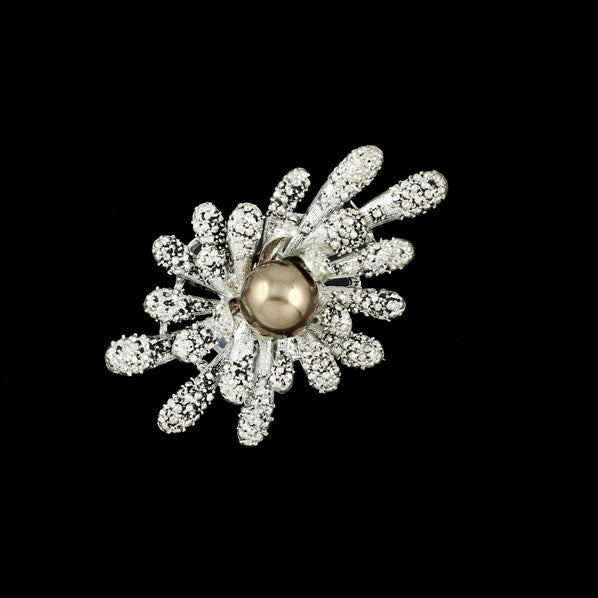 Silver Finish Bold Floral Ring with Champagne Pearl