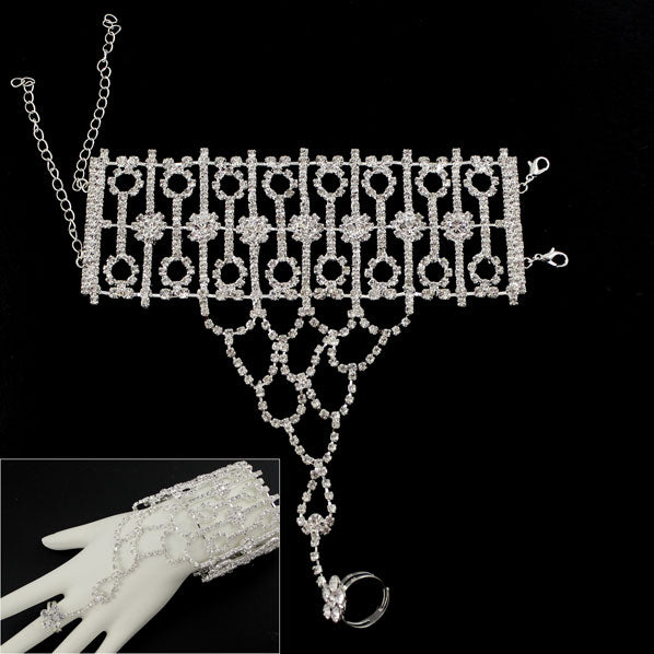 Rhinestone Bridal Cuff Bracelet and Chained Ring Set