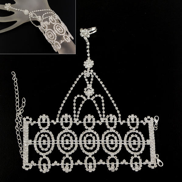 Rhinestone Bridal Cuff Bracelet and Chained Ring Set