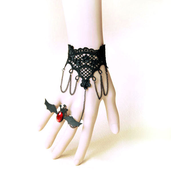 Black Fringed Lace Bracelet w/ Chain Bat Ring Set