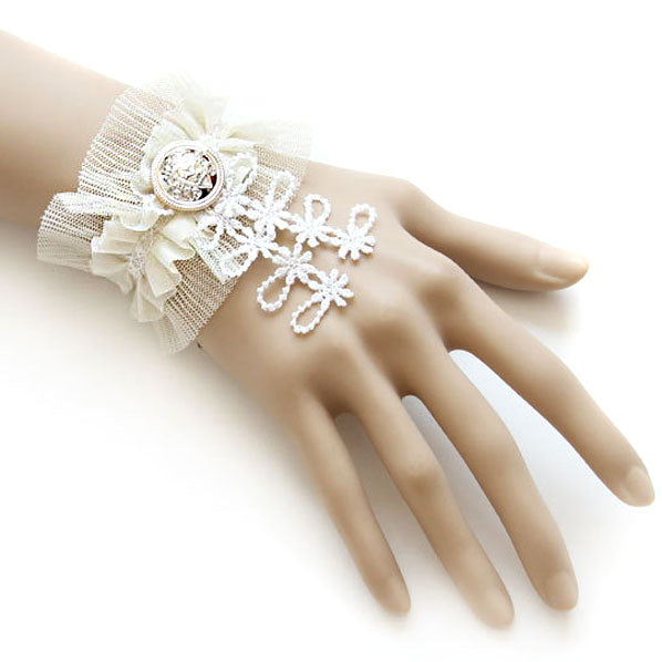 Bridal Ivory and White Lace Bracelet w/ Silver Button