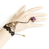 Black Lace & Antique Brass Bracelet w/ Chained Lilac Rose Ring Set