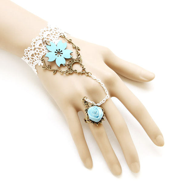 White Lace Bracelet w/ Chained Aqua Rose Ring Set