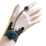 Black Lace & Blue Flower Bracelet w/ Chained Ring Set
