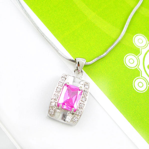 Contemporary Pink Czech Crystal Rhinestone Rectangle Pendant Necklace