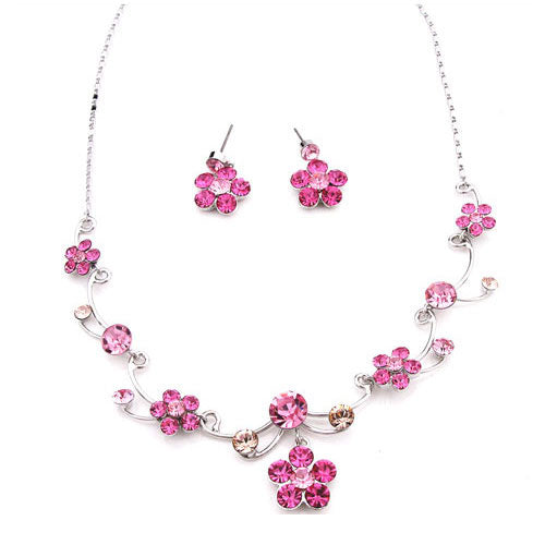 BJS Oxidized Pink Crystal Floral Designer Necklace Earrings Set
