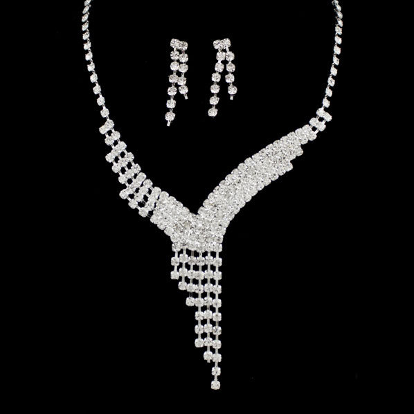 Bridal Rhinestone Fringed Y Necklace Earrings Set