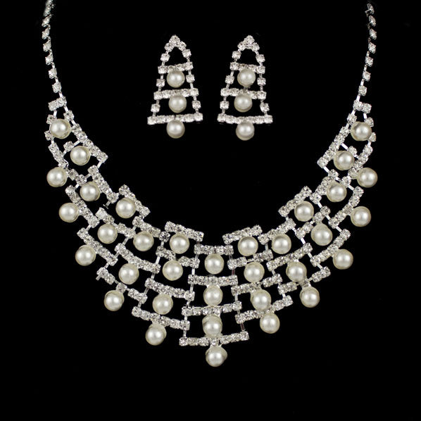 Bridal Pearl and Rhinestone Layer Necklace Earrings Set
