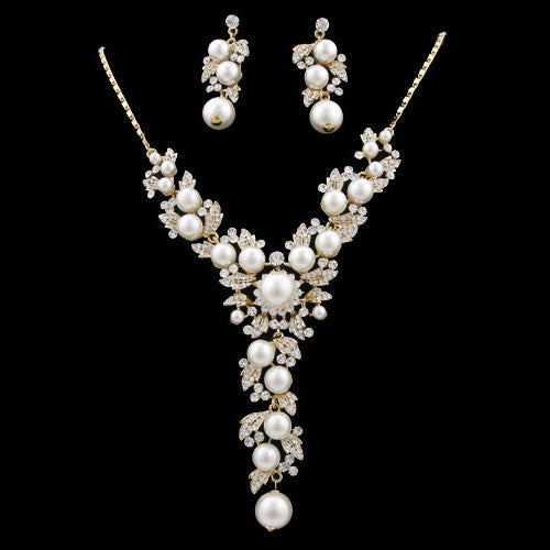 LUX Floral Swarovski Rhinestone and Pearl Bridal Necklace Earrings Set