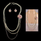 LUX Long 3-Strand Pearl Necklace with Enamel Peony Flower Jewelry Set