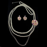LUX Long 3-Strand Pearl Necklace with Enamel Peony Flower Jewelry Set