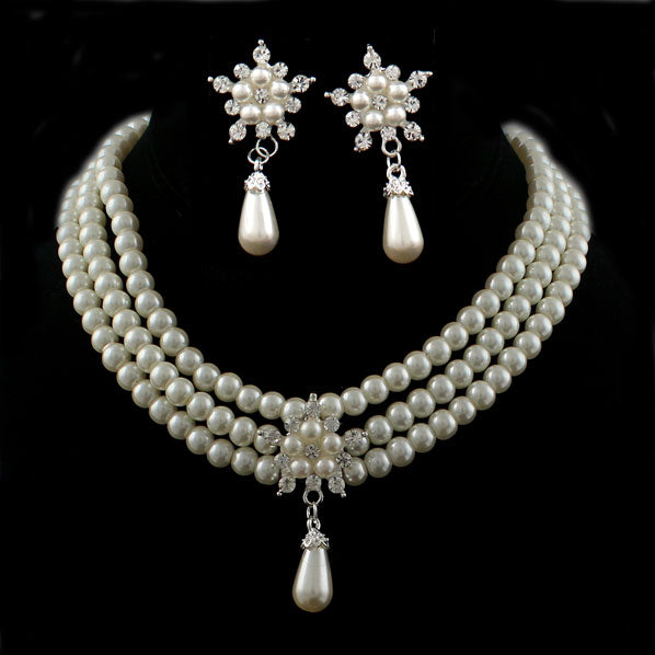 Pearl and Rhinestone 3-strand Bridal Necklace and Earrings Set