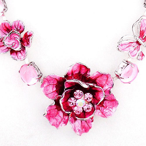 LUX Pink Enamel Garden Flowers Necklace Set with Swarovski Rhinestones