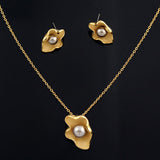 LUX Gold Lotus Leaf with Champagne Pearl Necklace Earrings Set
