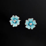 LUX Blue Enamel Flowers w/ Swarovski Rhinestones Necklace Earrings Set